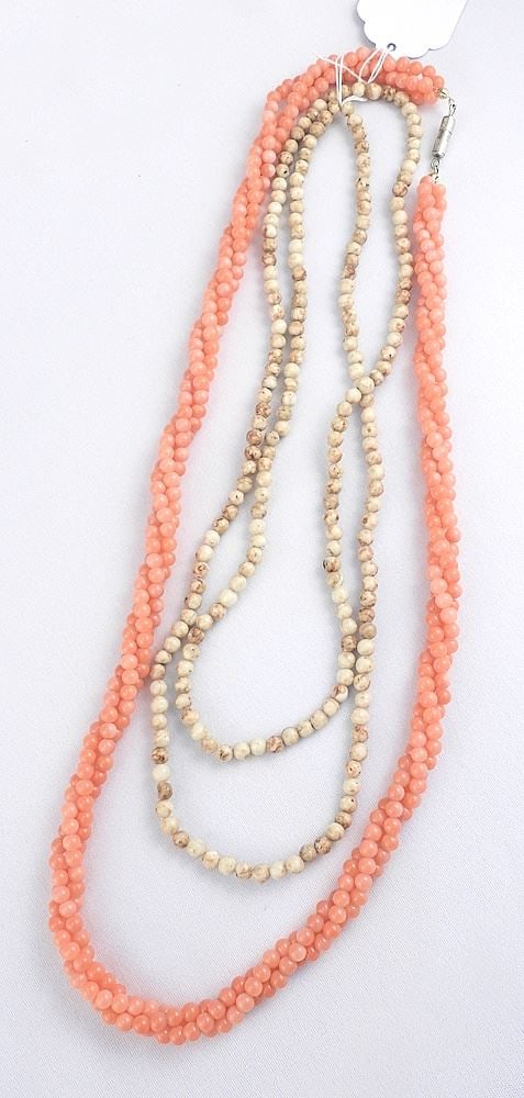 Natural Salmon Coral Triple Twisted Bead Necklace & Mottled Coral Necklace, 22 3/4"L. (1 of 2)