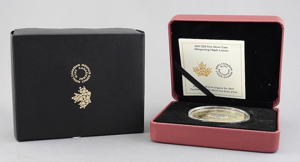 Royal Canadian Mint 2017 $50 Fine Silver "Whispering Maple Leaves" Coin with Box. (1 of 4)