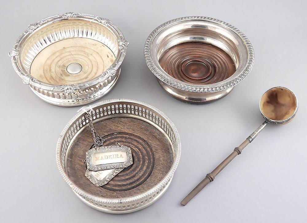 Three Old Sheffield Plate Wine Coasters (5 3/8 - 6 3/8" diam) w/ 2 Wine Labels & Broken Ladle (1 of 4)