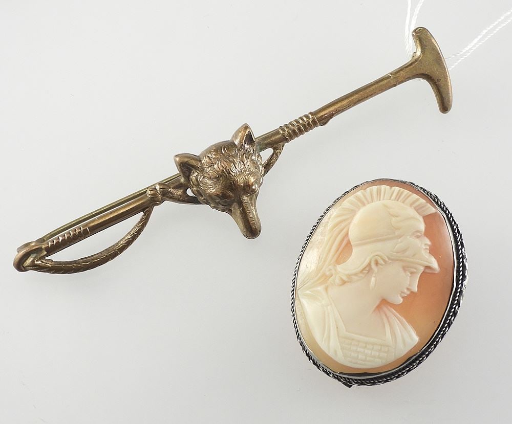 Edwardian Metal "Fox" Brooch with "Centurion" Cameo in .800 Silver Frame, 3"w/1 1/4"h/TW66g. (1 of 2)