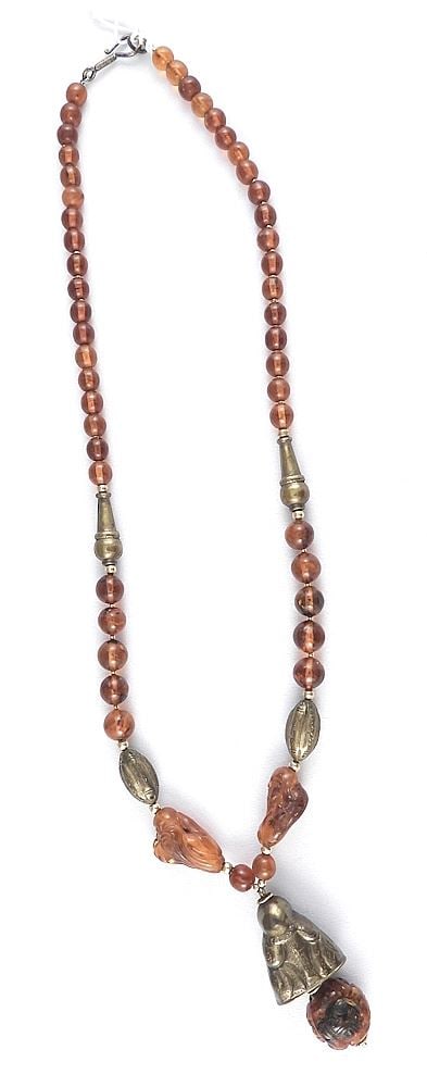 Chinese Carved Amber & Silver Alloy Bead Necklace, 24"L, 46g. (1 of 2)