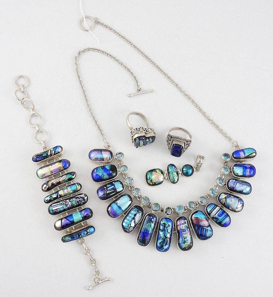 Sterling Silver (925) & Iridescent Glass Jewelry Items, 141g. (1 of 3)