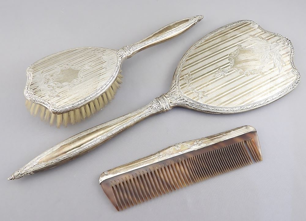 Three Piece International Sterling Dresser Set, Mirror 15 3/4"L, TW 831g. (1 of 4)