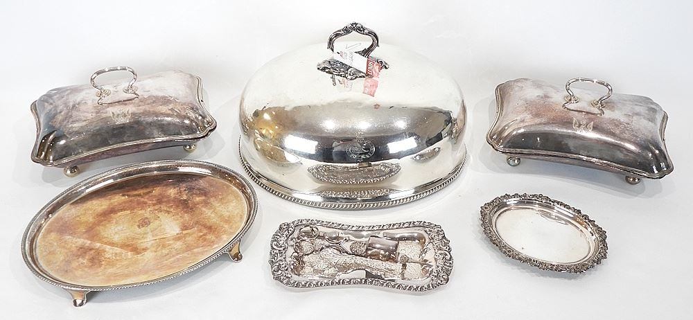 Collection of Old Sheffield Plate Wares: Cloche/Coffee Pot/Snuffers/ Candlesticks/Chamberstick. (1 of 2)