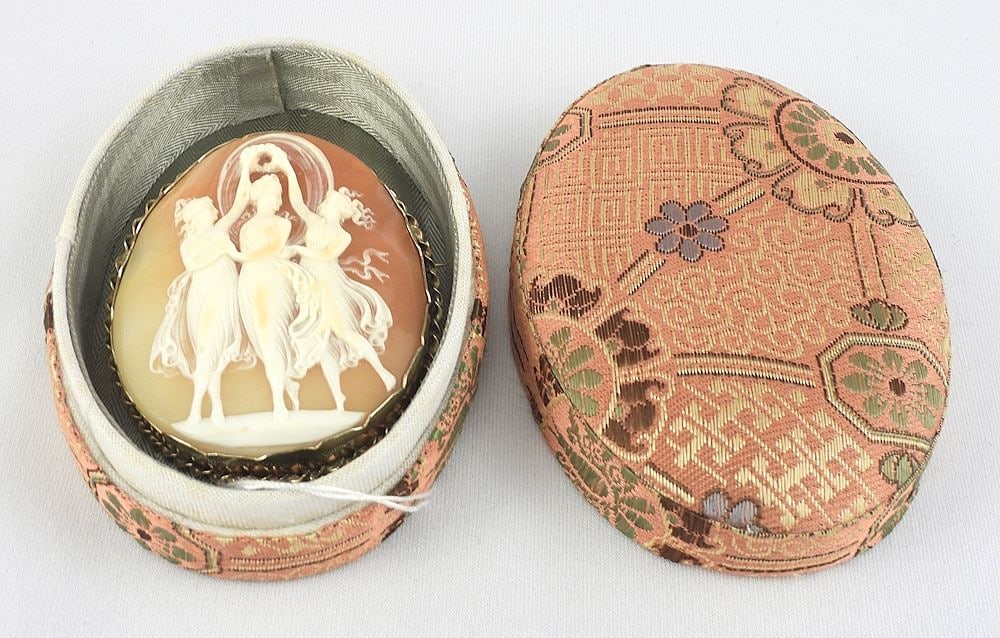 19th C. "Three Graces" Cameo Brooch in 9c (tested) Frame, 2"h, 17g. (1 of 4)