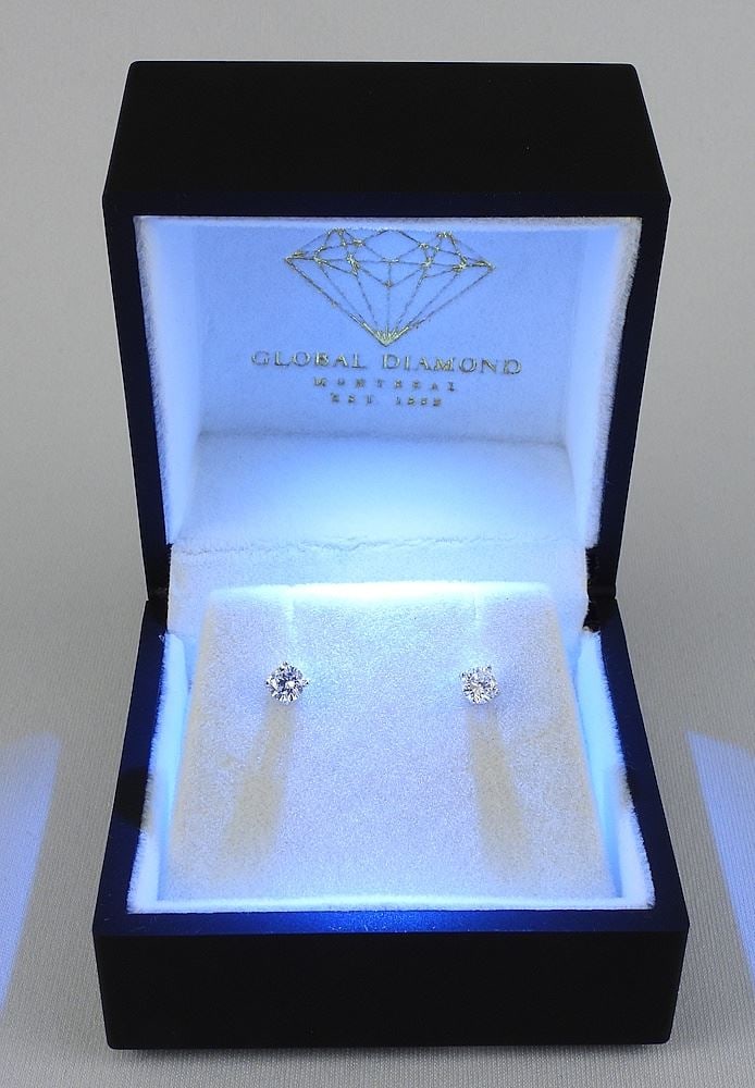 Pair of 14K (clasps marked) White Gold & Lab Grown Diamond Earrings with Box.: Pair of 14K (clasps marked) White Gold & Lab Grown Diamond Earrings with Box.