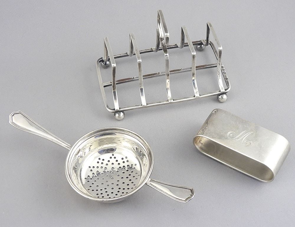 Hallmarked Silver Toast Rack (4"L) w/ Sterling (marked) Silver Napkin Ring & Strainer TW 170g. (1 of 4)