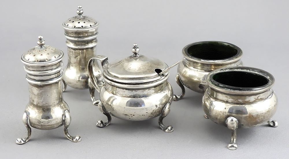 Five Pcs. Sterling Silver Condiment Set, 257g with 3 Liners. (1 of 4)