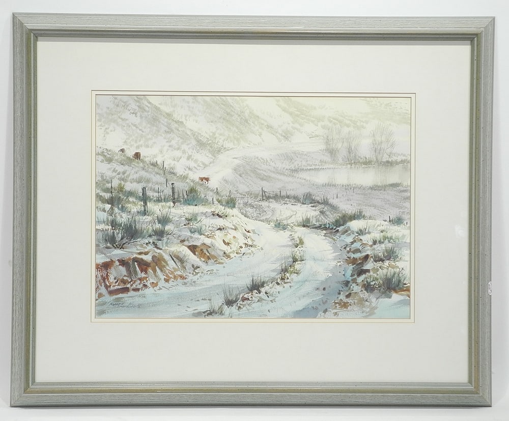 Two Watercolours signed Marke K Simmons, 14 x 20" "Backroom Solitude" & "Approaching Flurries".: Two Watercolours signed Marke K Simmons, 14 x 20" "Backroom Solitude" & "Approaching Flurries".