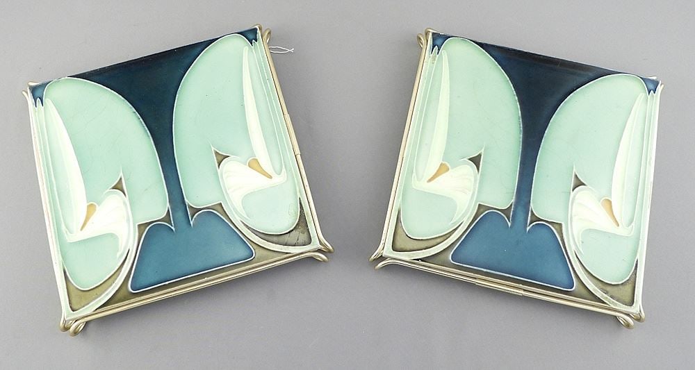 Two Servais Werke Ehrang Jugendstil, Ceramic Tiles, 6 x 6".: Two Servais Werke Ehrang Jugendstil, Ceramic Tiles, 6 x 6".