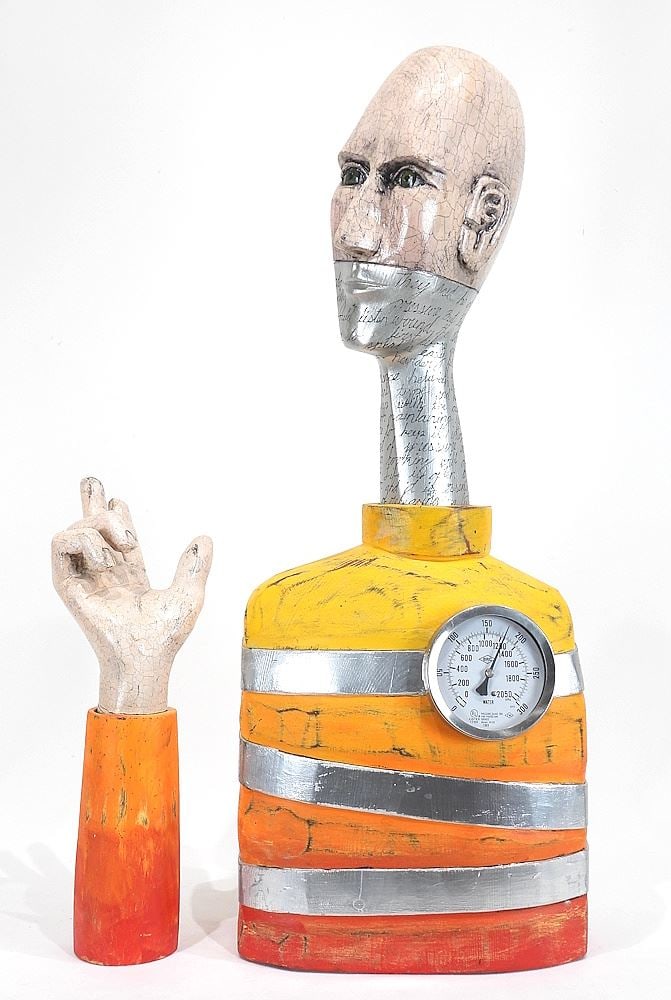 Mixed Media Sculpture signed P.S. (Peter) Kiss, 28 1/4 x 11 x 6" "Tightly Wound" (2pc). (1 of 3)