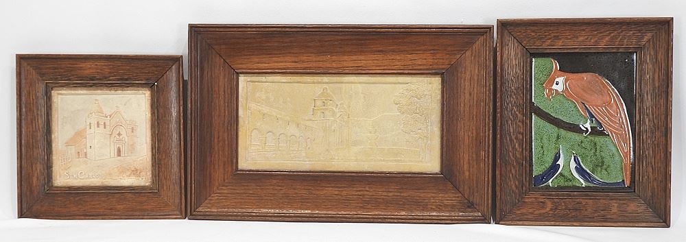 Three Pottery Tiles Oak Framed, Largest 6 x 12 1/8" Two Missions/ Spanish. (1 of 5)