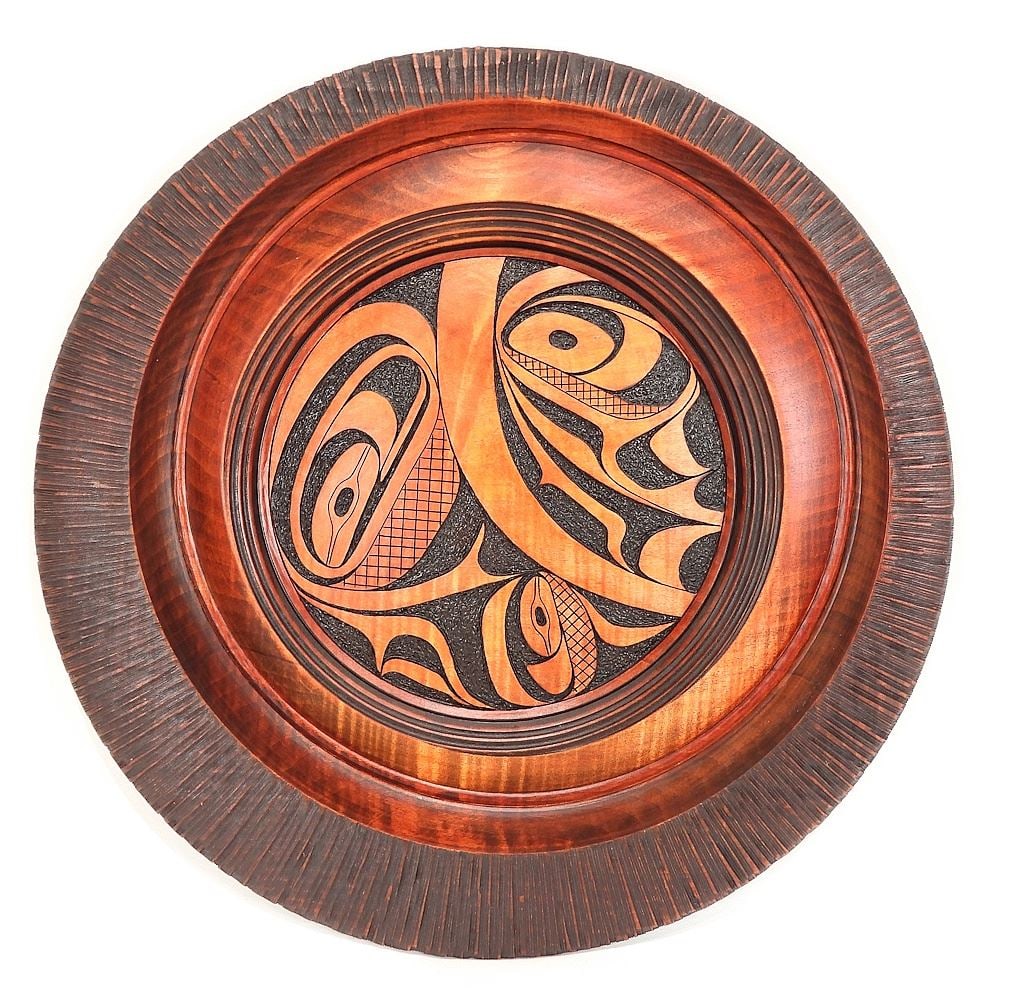 Northwest Coast Style Carved Wood Charger signed Douglas J. Fisher, 17 1/2" Diam, "Embracing T (1 of 4)