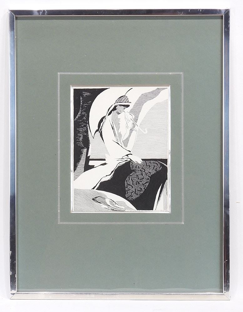 Block Print signed Indistinctly 1988 , 8 7/8 x 6 7/8" "Lady Pipe Smoker". (1 of 3)