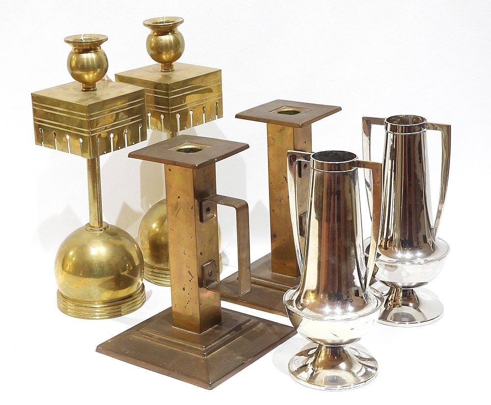 Three Pair of Arts & Crafts Style Brass Candlesticks, 7 1/4 & 10 1/8"h & Plated Vases. (1 of 5)