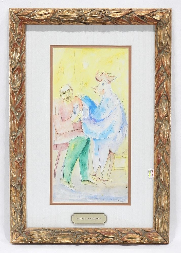 Watercolour Monogrammed TA (Tatiana Rogacheva), 12 3/4 x 6" "An Interesting Conversation". (1 of 4)