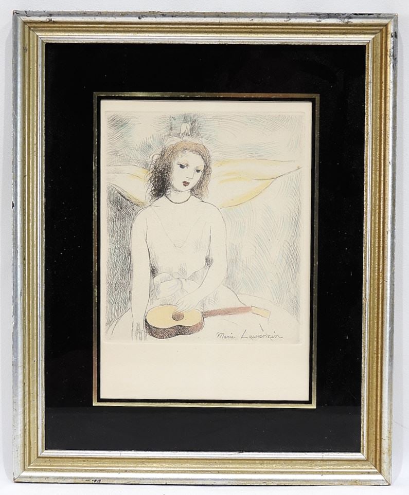 Colour Etching by Marie Laurencian, Plate 7 5/8 x 6 1/2" "Jeune Fille a la Guitare".: Colour Etching by Marie Laurencian, Plate 7 5/8 x 6 1/2" "Jeune Fille a la Guitare".