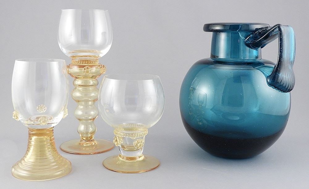 Ichendorf Germany Blue Glass Jug (6 1/2"h) with Three Cups. (1 of 3)