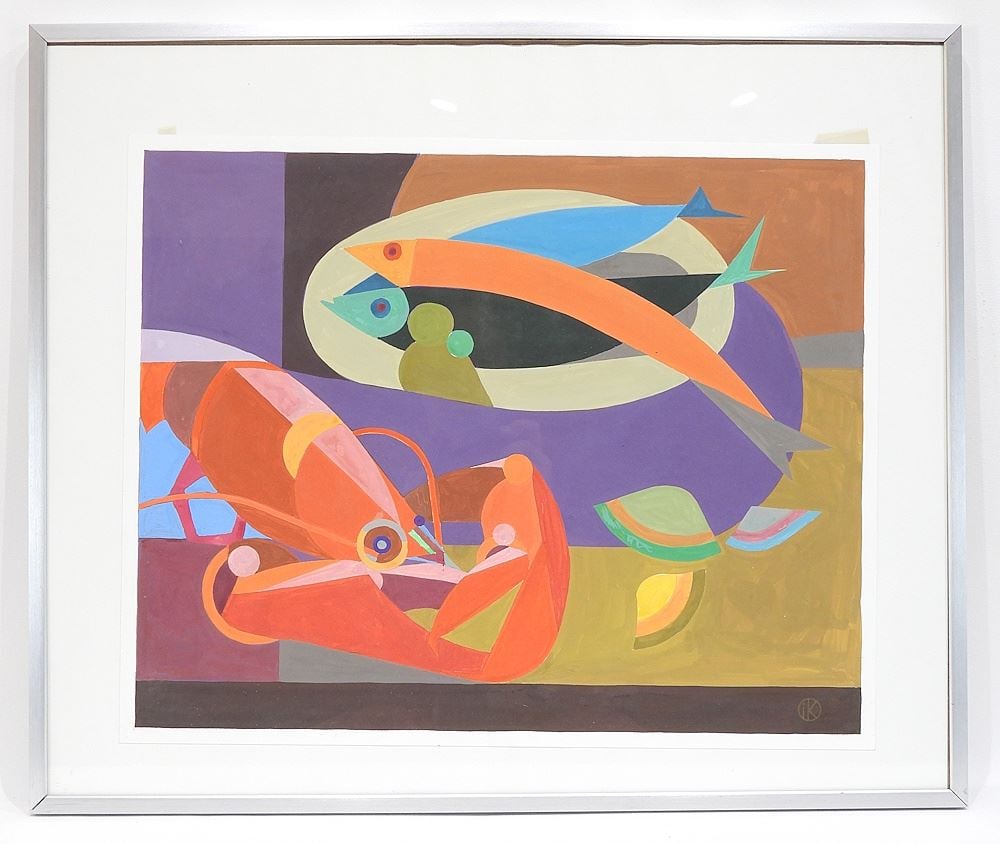 Gouache on Paper Monogrammed JIK (Jutta Kuhner), 15 x 18 3/4" "Still Life w/Fish & Lobster".: Gouache on Paper Monogrammed JIK (Jutta Kuhner), 15 x 18 3/4" "Still Life w/Fish & Lobster".