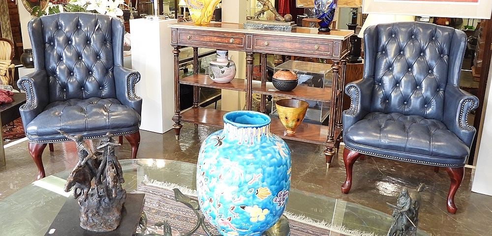 Pair of Blue Leather Button Back Semi-Wing Back Chairs. (1 of 3)