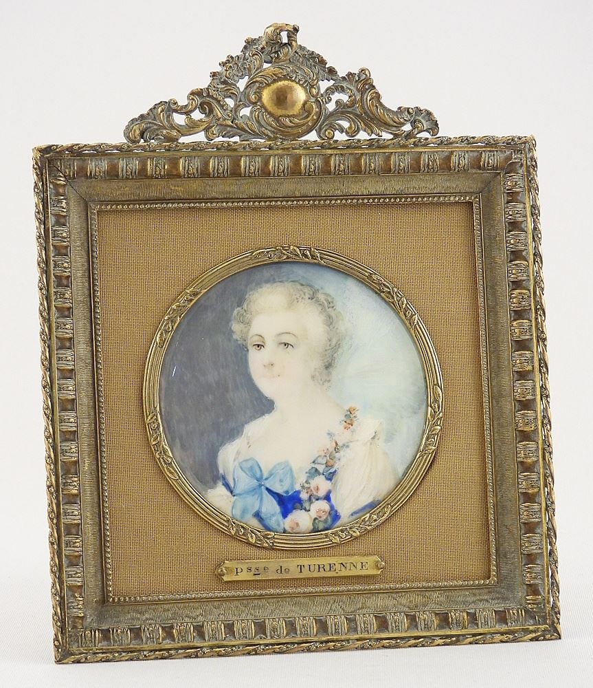 Gilt Framed Portrait Miniature, 2 3/4" Diameter "Psse. de Turenne". (1 of 8)