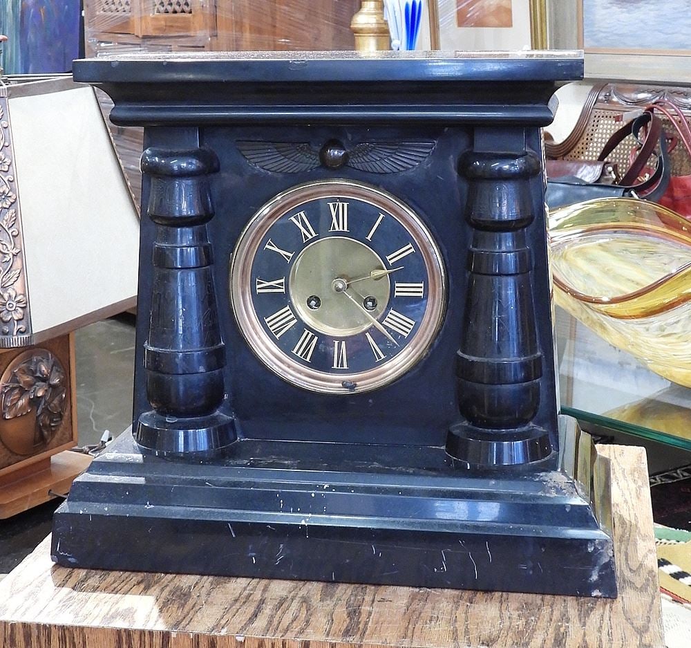 Late 19th C. Egyptian Revival Slate Mantle Clock, 14 3/8 x 15 3/4 x 7 1/4". (1 of 2)