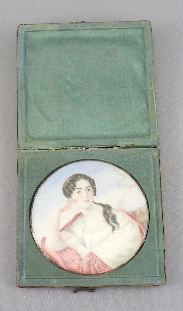 19th C. Portrait Miniature of a Woman in Red Robe, 2 5/8" Diameter, Westinghouse Estate. (1 of 5)