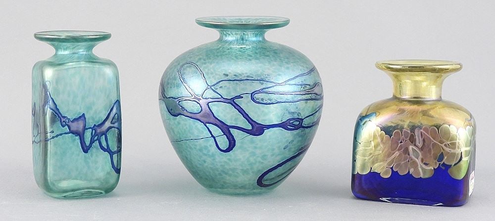 Three Art Glass Vases signed & Labeled Robert Held, 3 & 4"h. (129/130/94): Three Art Glass Vases signed & Labeled Robert Held, 3 & 4"h. (129/130/94)