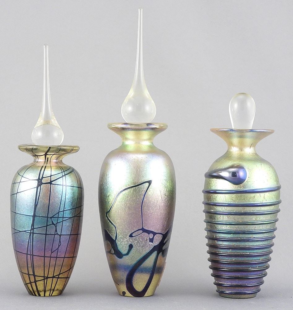 Three Robert Held Art Glass Perfume Bottles, Foil Labels, 5 3/8 - 7 1/2" h. (98/100/102).: Three Robert Held Art Glass Perfume Bottles, Foil Labels, 5 3/8 - 7 1/2" h. (98/100/102).