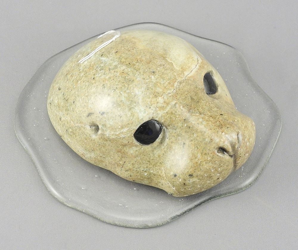 Stone "Submerged Seal" Carving signed Indistinctly, 1 3/4 x 3 1/2 x 4 3/4".: Stone "Submerged Seal" Carving signed Indistinctly, 1 3/4 x 3 1/2 x 4 3/4".