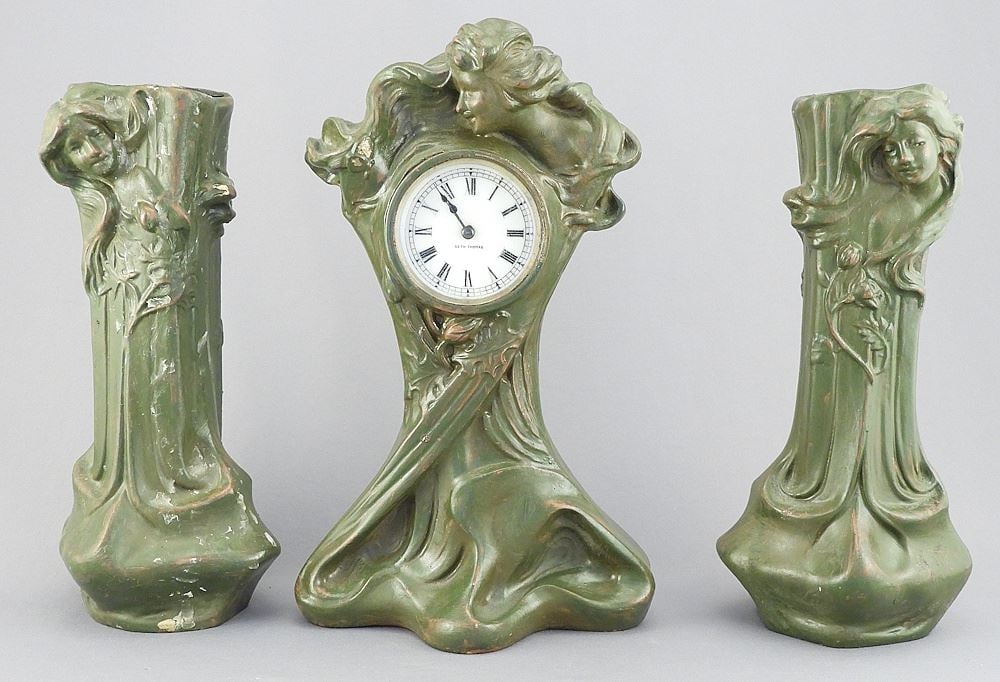 3 Pc Seth Thomas Art Nouveau Clock Garniture, 8 - 8 7/8"h. (1 of 3)