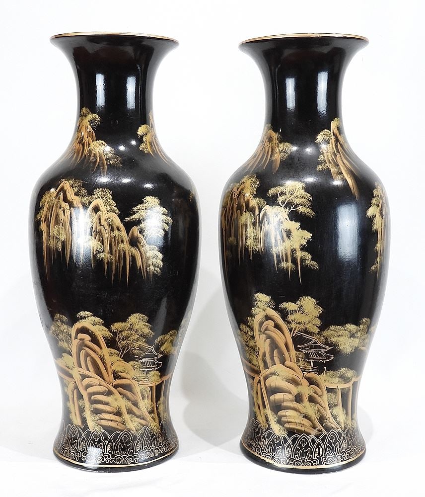 Pair of Black Chinoiserie Ornamental Vases, 24 3/8"h.: Pair of Black Chinoiserie Ornamental Vases, 24 3/8"h.