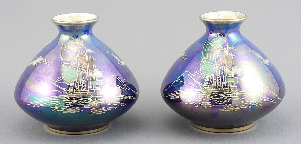 Pair of Devon Lustrine Fielding's Royal George Vases, 2 7/8"h.: Pair of Devon Lustrine Fielding's Royal George Vases, 2 7/8"h.