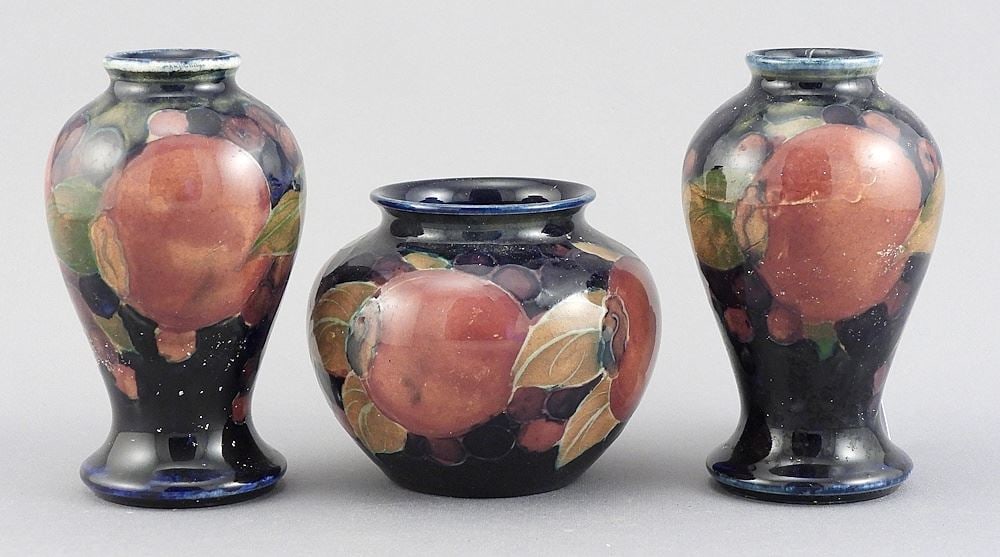 Pair of Moorcroft Pomegranate Baluster Vases (3 3/4"h) & Vase, 2 5/8"h. (1 of 2)