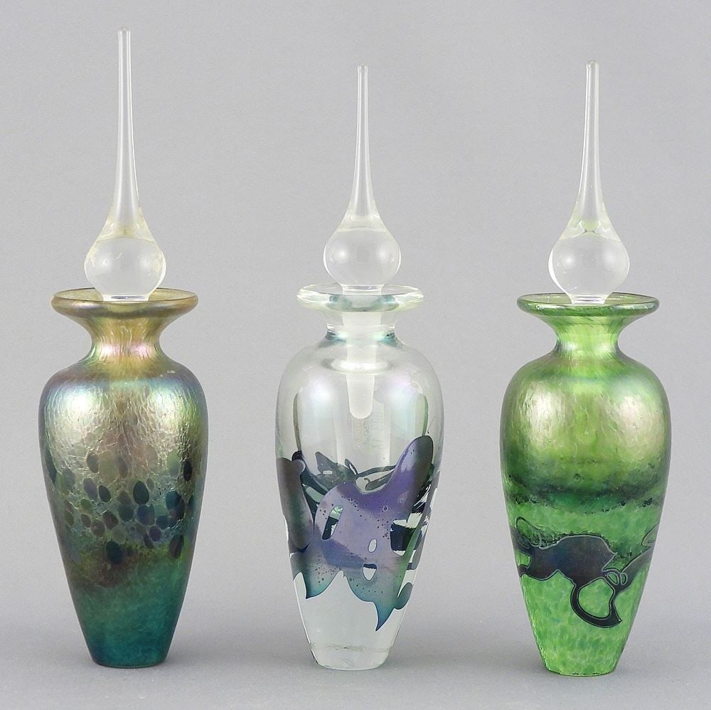 Three Art Glass Perfume Bottles, Two signed R. (Robert) Held, 7"h. (115/116/117): Three Art Glass Perfume Bottles, Two signed R. (Robert) Held, 7"h. (115/116/117)