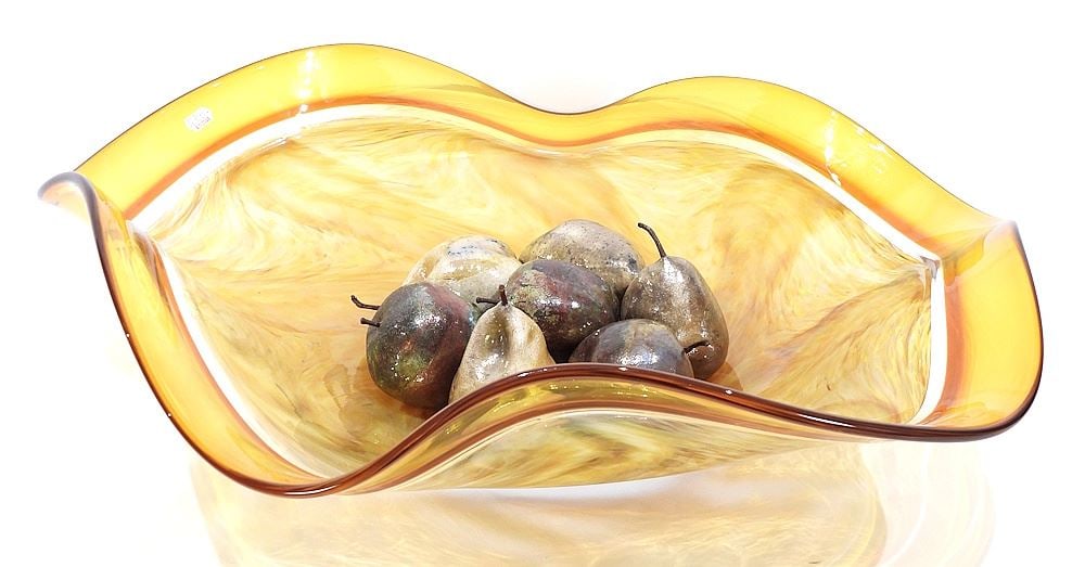 Studio Glass Ruffled Bowl signed Don MacLean '03, 24" Diameter (includes Raku fruits).: Studio Glass Ruffled Bowl signed Don MacLean '03, 24" Diameter (includes Raku fruits).