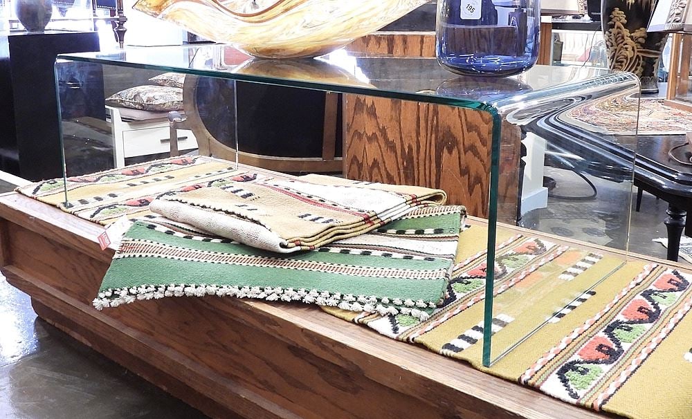 Curved Tempered Glass Low Table, 13 3/4 x 42 1/2 x 19 3/4".: Curved Tempered Glass Low Table, 13 3/4 x 42 1/2 x 19 3/4".
