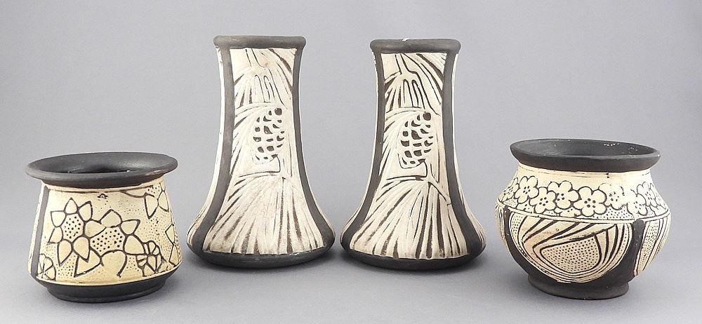 Four Weller Pottery Vases, 3 - 6 1/8"h.: Four Weller Pottery Vases, 3 - 6 1/8"h.