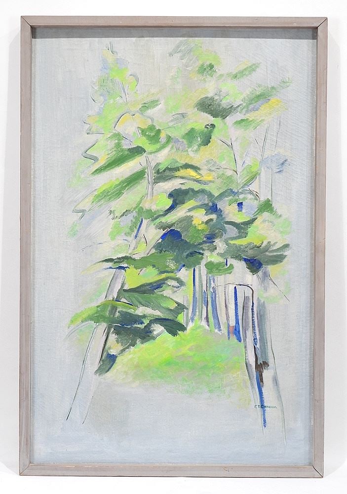 Oil on Canvas signed F.T. (Fred) Cameron, 33 x 21 1/2" "Blue Emerging Behind Trees". (1 of 3)