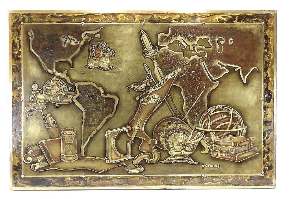 Acid Etched Brass Plaque signed F. (Fred) Priddat, 24 x 36" "Age of Exploration".: Acid Etched Brass Plaque signed F. (Fred) Priddat, 24 x 36" "Age of Exploration".