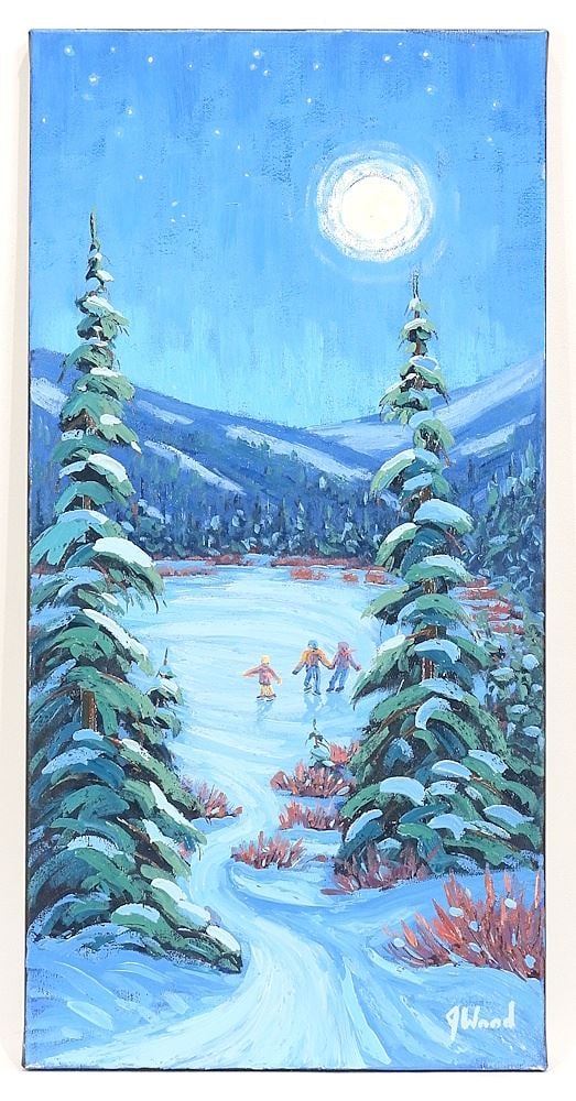 Oil on Canvas signed J. (James) Wood , 24 x 12" "Evening Skate". (1 of 4)