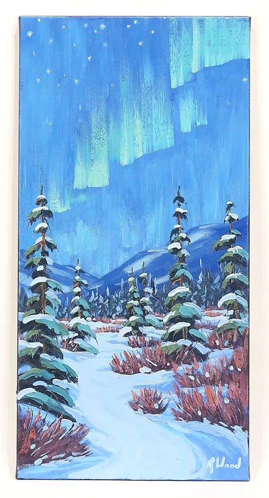 Oil on Canvas signed J. (James) Wood , 24 x 12" "Northern Glow". (1 of 4)