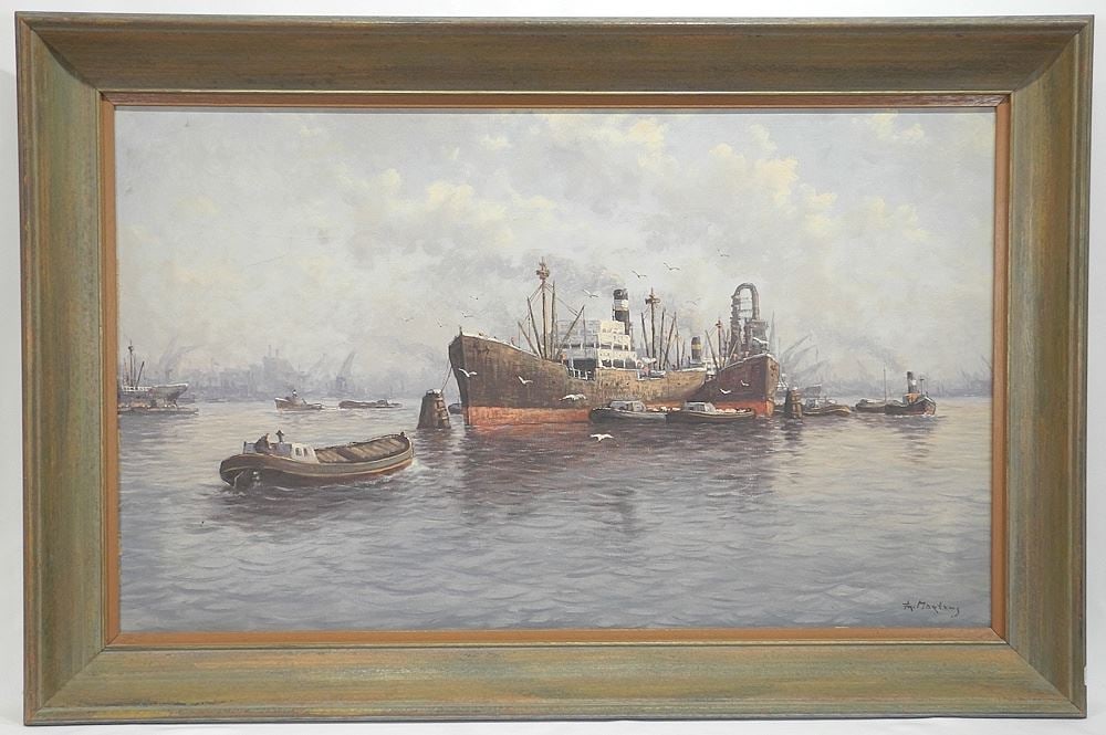 Oil on Canvas signed Martens, 23 x 38", "Rotterdam Harbour". (1 of 4)