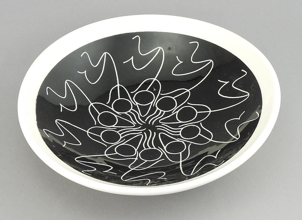 Pottery Dish signed David Lambert, 7 3/4" Diam "Little Stick Wedding Dance". (1 of 3)