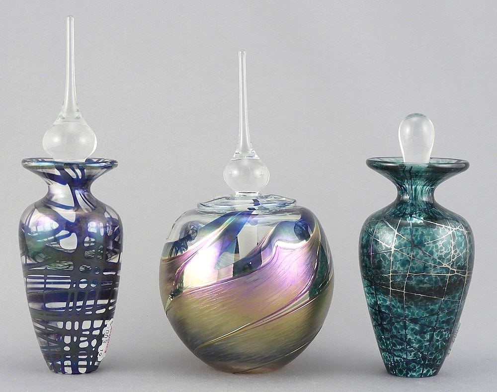 Three Robert Held Art Glass Perfume Bottles with Foil Labels, 5-6 3/4"h. (A/B/101) (1 of 3)