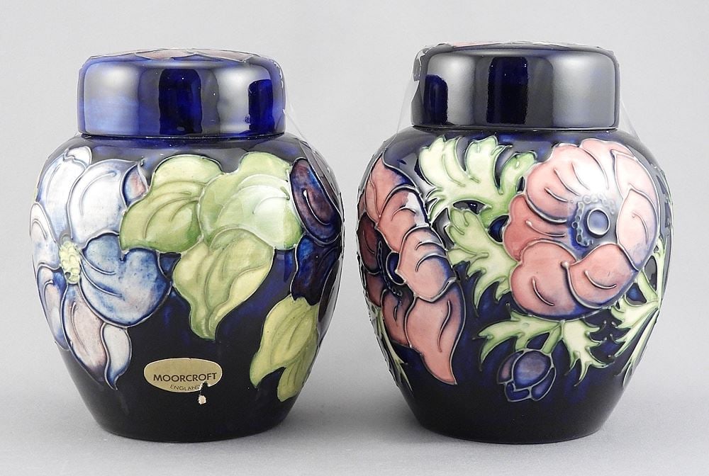 Two Moorcroft Covered Jars, Anemone & Clematis, 6"h.: Two Moorcroft Covered Jars, Anemone & Clematis, 6"h.