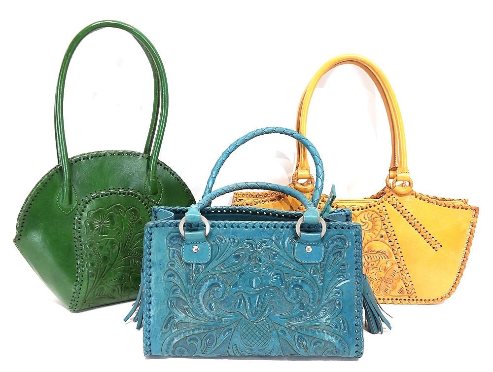 Three Mexican Tooled Leather Handbags: Two Alexis David/One Yeo, 12 - 16"L. (1 of 6)