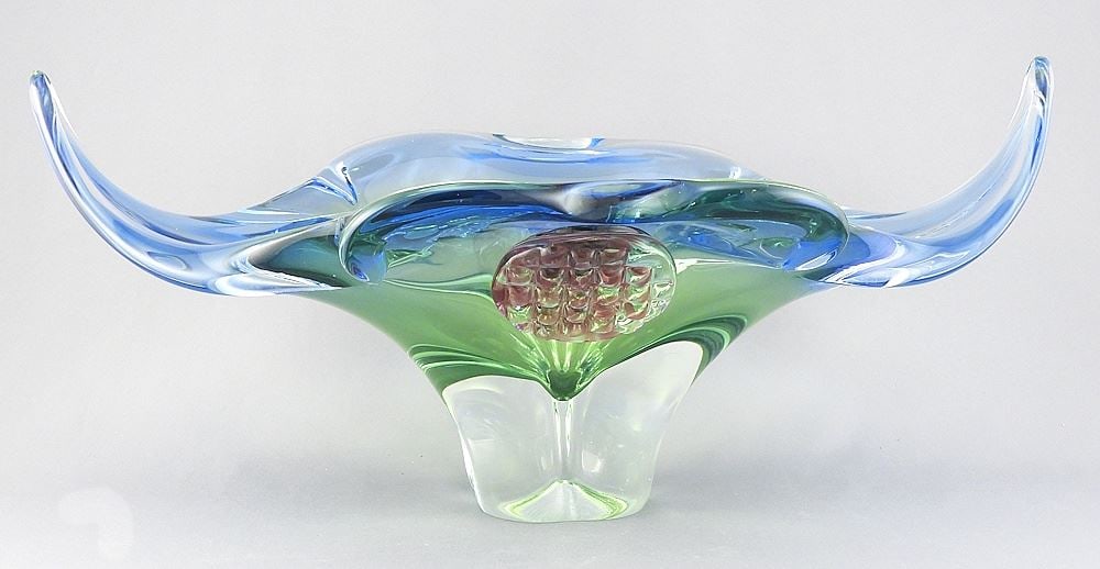 1960's Blue/Green Art Glass Centrepiece, with Applied Feature, 1 5"L. (1 of 3)