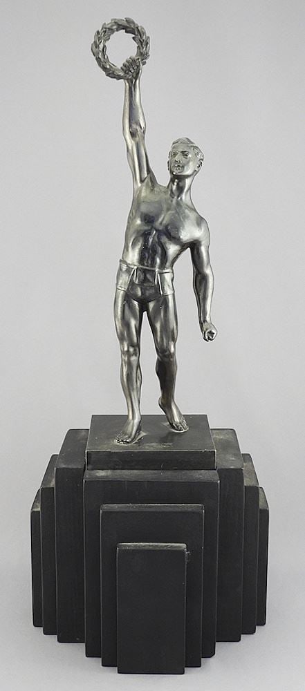 C.1920's Spelter Figure "Athlete with Laurel Wreath" (13 3/8"h) with Wood Base.: C.1920's Spelter Figure "Athlete with Laurel Wreath" (13 3/8"h) with Wood Base.