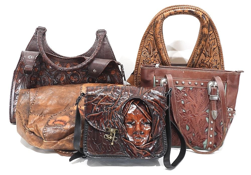 Five Leather Tooled/Molded/Patchwork Handbags, 9 3/4 - 17"L.